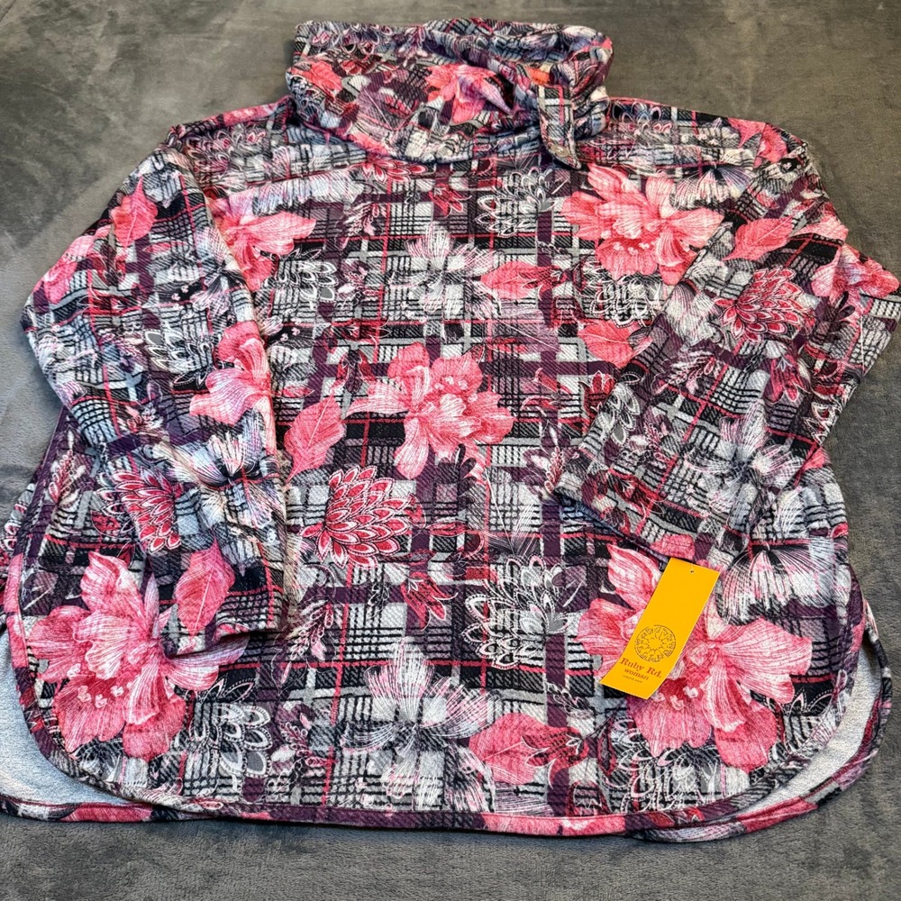 Ruby Rd Cozy Season Pullover Womens 1X Pink Floral Cowl Neck Button Detail NWT